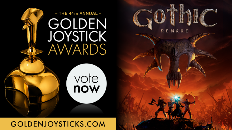 Grafika Gothic Remake z logo Golden Joystick Awards, złotą statuetką i napisem „vote now”.